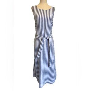 100% Linen Blue Striped Maxi Dress Nicole Miller